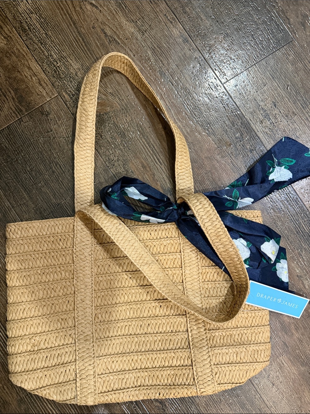 Draper James Tan Woven Tote with Navy Floral Scarf Accent